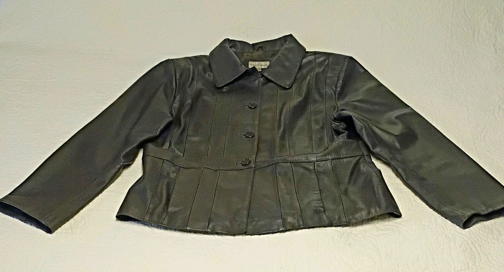 Oleg Cassini Dark Brown Leather Jacket Womens XL Pleated Peplum Vintage Y2K Coat